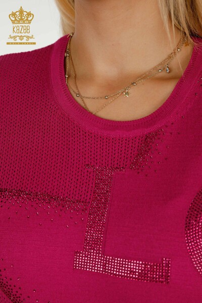 Wholesale Women's Knitwear Sweater Stone Embroidered Fuchsia - 30501 | KAZEE - Thumbnail