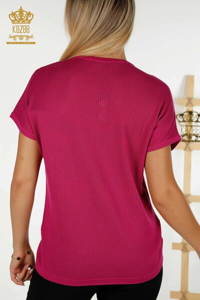 Wholesale Women's Knitwear Sweater Stone Embroidered Fuchsia - 30501 | KAZEE - Thumbnail