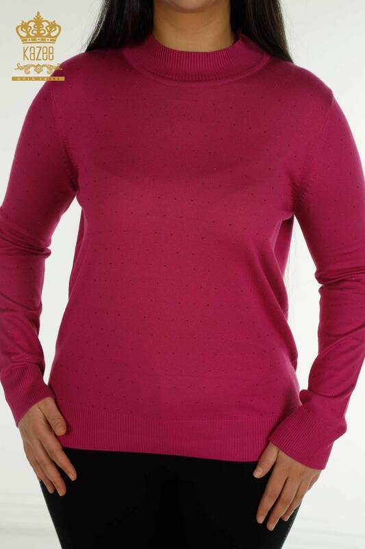 Wholesale Women's Knitwear Sweater Stone Embroidered Fuchsia - 30677 | KAZEE