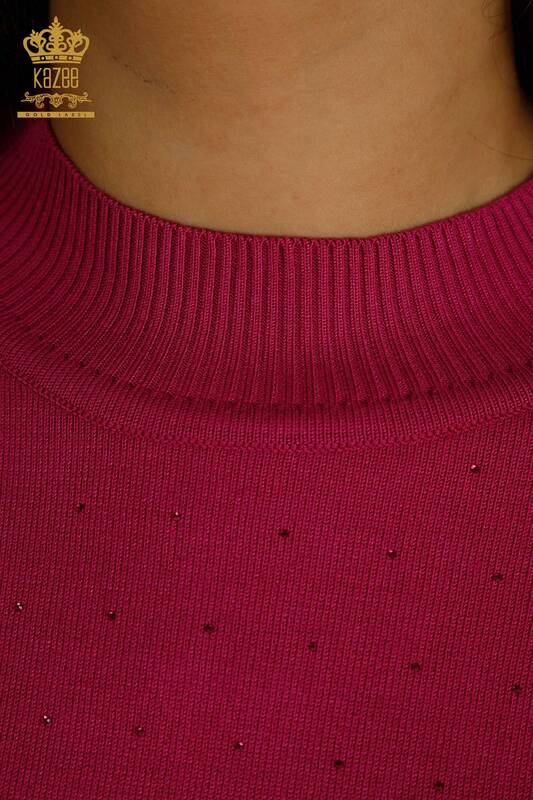 Wholesale Women's Knitwear Sweater Stone Embroidered Fuchsia - 30677 | KAZEE