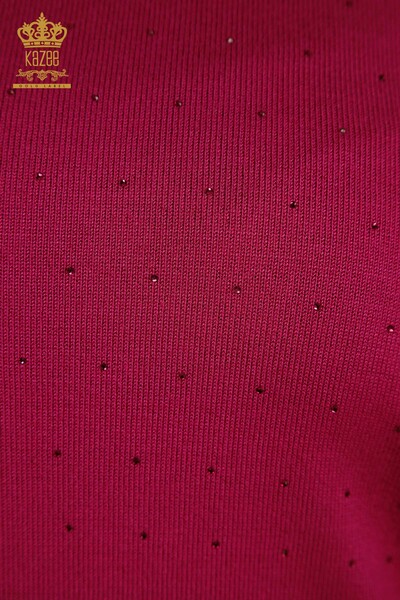 Wholesale Women's Knitwear Sweater Stone Embroidered Fuchsia - 30677 | KAZEE - Thumbnail
