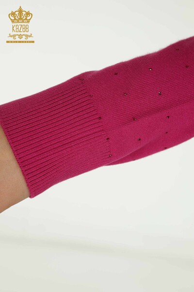 Wholesale Women's Knitwear Sweater Stone Embroidered Fuchsia - 30677 | KAZEE - Thumbnail