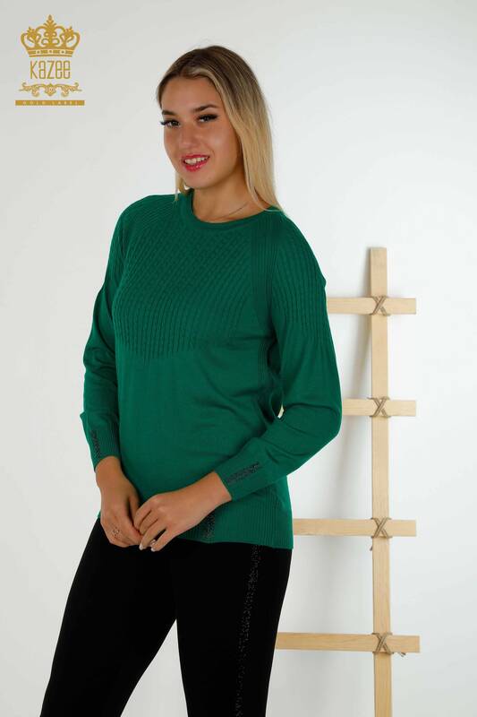 Wholesale Women's Knitwear Sweater - Stone Embroidered - Green - 30104 | KAZEE