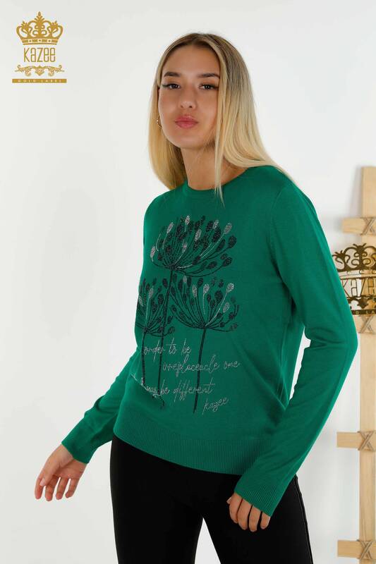 Wholesale Women's Knitwear Sweater - Stone Embroidered - Green - 30156 | KAZEE