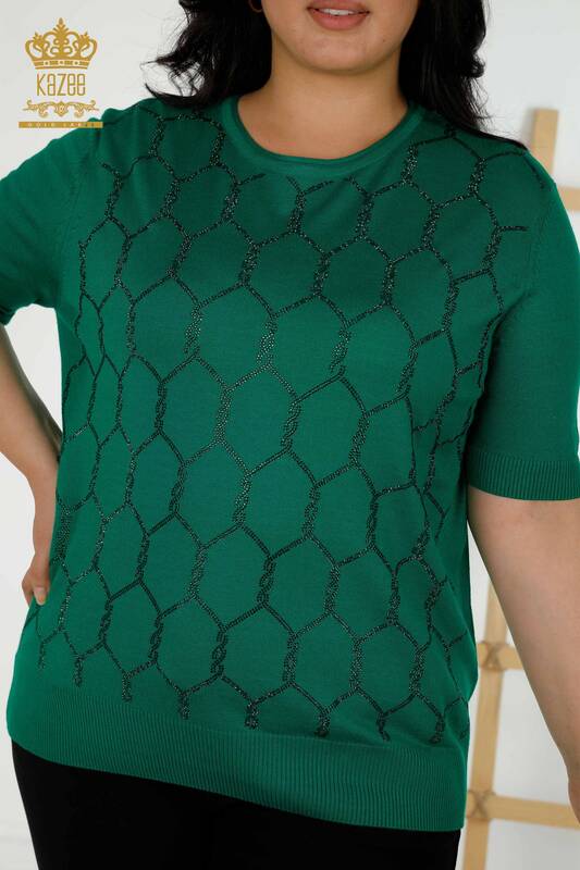 Wholesale Women's Knitwear Sweater Stone Embroidered Green - 30317 | KAZEE