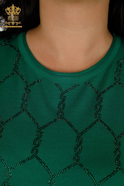 Wholesale Women's Knitwear Sweater Stone Embroidered Green - 30317 | KAZEE - Thumbnail