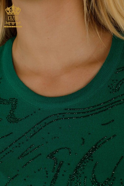 Wholesale Women's Knitwear Sweater Stone Embroidered Green - 30594 | KAZEE - Thumbnail