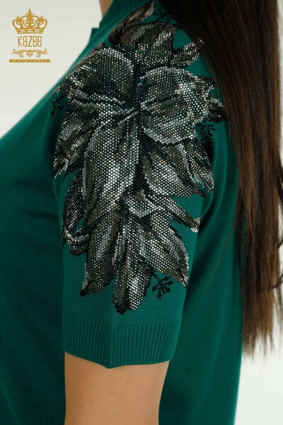 Wholesale Women's Knitwear Sweater Stone Embroidered Green - 30674 | KAZEE - Thumbnail