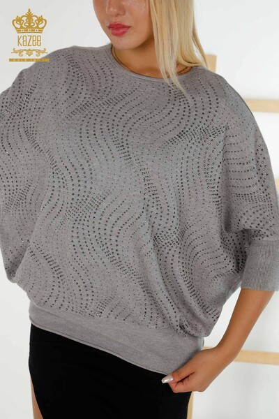 Wholesale Women's Knitwear Sweater Stone Embroidered Gray - 16797 | KAZEE - Thumbnail