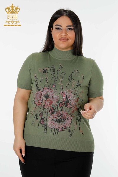 Wholesale Women's Knitwear Sweater Stone Embroidered Khaki - 16476 | KAZEE - Thumbnail