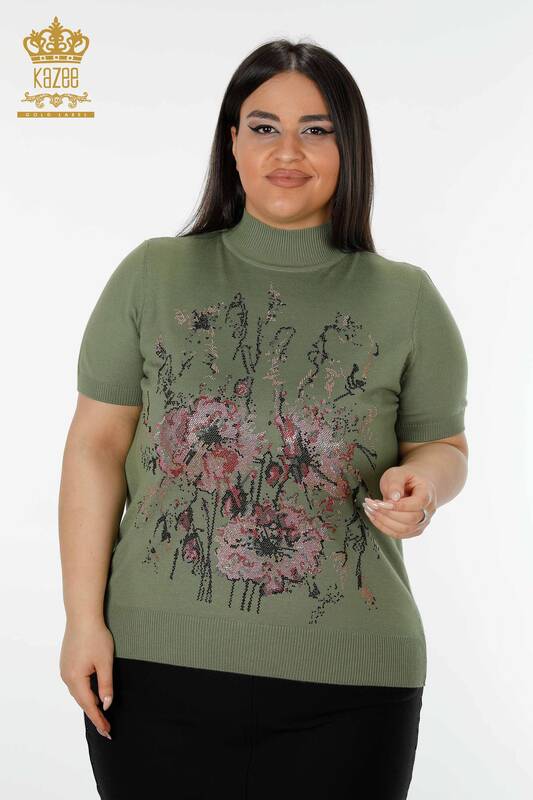 Wholesale Women's Knitwear Sweater Stone Embroidered Khaki - 16476 | KAZEE
