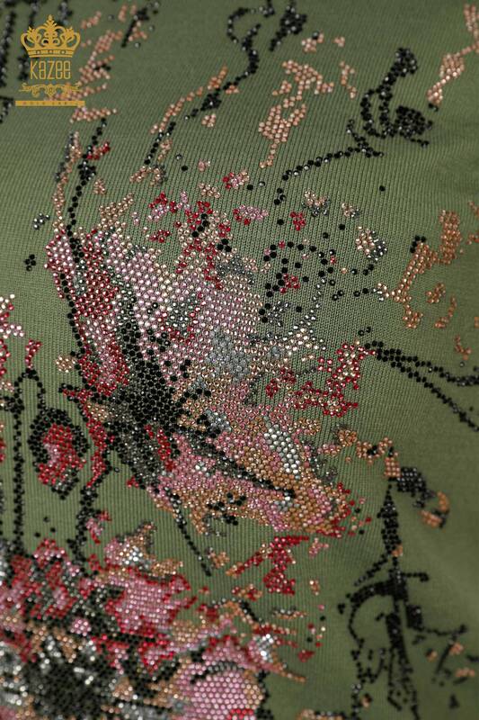 Wholesale Women's Knitwear Sweater Stone Embroidered Khaki - 16476 | KAZEE