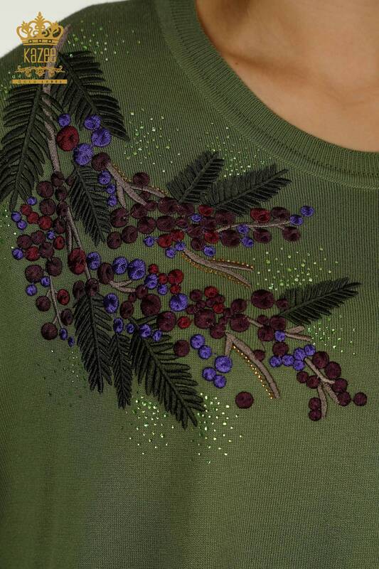 Wholesale Women's Knitwear Sweater, Stone Embroidered Khaki - 30750 | KAZEE