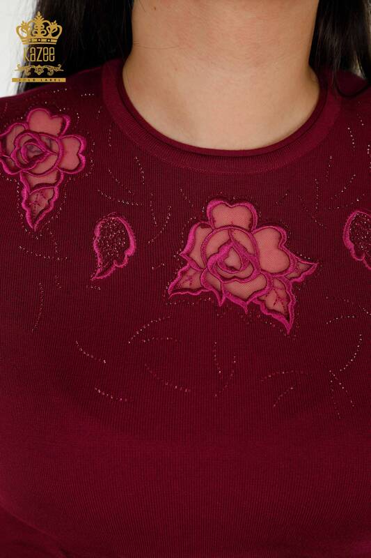Wholesale Women's Knitwear Sweater Stone Embroidered Purple - 30585 | KAZEE