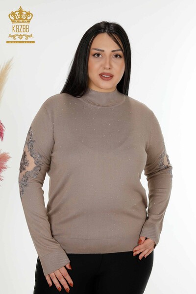 Wholesale Women's Knitwear Sweater Stone Embroidered Mink - 30014 | KAZEE 