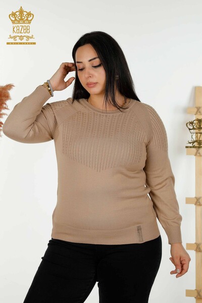 Wholesale Women's Knitwear Sweater Stone Embroidered Mink - 30104 | KAZEE - Thumbnail
