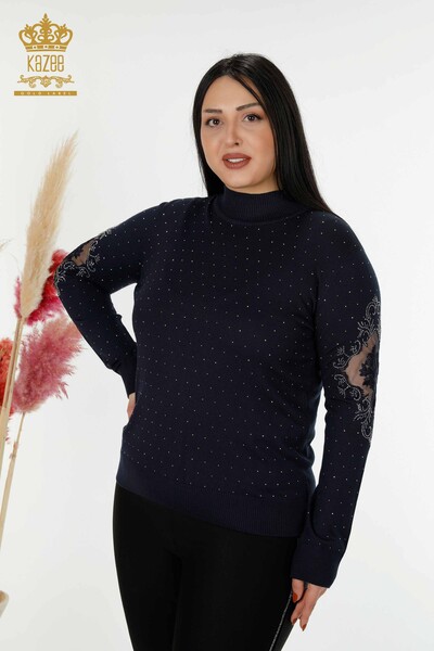 Wholesale Women's Knitwear Sweater Stone Embroidered Navy - 30014 | KAZEE - Thumbnail