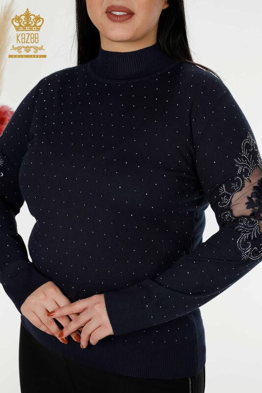 Wholesale Women's Knitwear Sweater Stone Embroidered Navy - 30014 | KAZEE