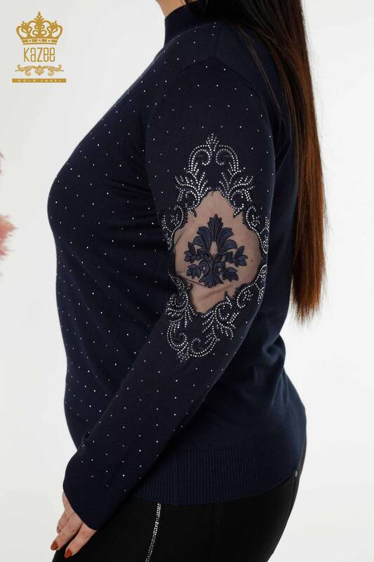 Wholesale Women's Knitwear Sweater Stone Embroidered Navy - 30014 | KAZEE