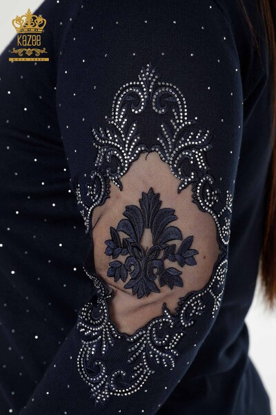 Wholesale Women's Knitwear Sweater Stone Embroidered Navy - 30014 | KAZEE - 5