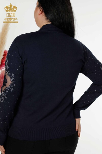 Wholesale Women's Knitwear Sweater Stone Embroidered Navy - 30014 | KAZEE - Thumbnail