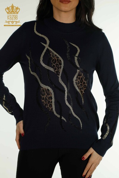 Wholesale Women's Knitwear Sweater Stone Embroidered Navy Blue - 30096 | KAZEE - Thumbnail