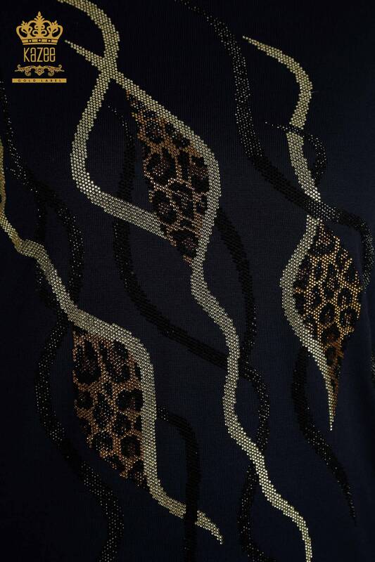 Wholesale Women's Knitwear Sweater Stone Embroidered Navy Blue - 30096 | KAZEE