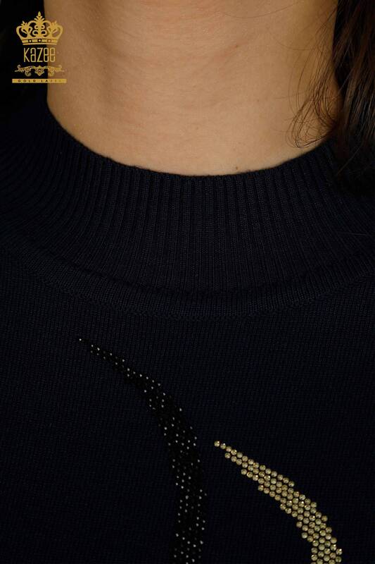 Wholesale Women's Knitwear Sweater Stone Embroidered Navy Blue - 30096 | KAZEE