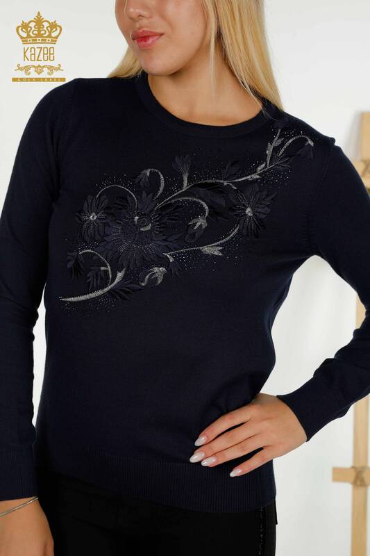 Wholesale Women's Knitwear Sweater Stone Embroidered Navy Blue - 30146 | KAZEE