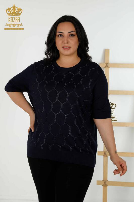 Wholesale Women's Knitwear Sweater Stone Embroidered Navy - 30317 | KAZEE