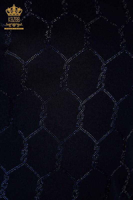 Wholesale Women's Knitwear Sweater Stone Embroidered Navy - 30317 | KAZEE