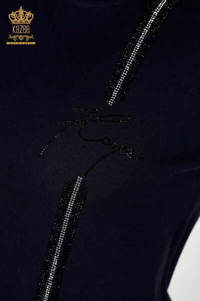 Wholesale Women's Knitwear Sweater - Stone Embroidered - Navy Blue - 30333 | KAZEE - Thumbnail