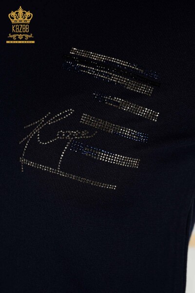 Wholesale Women's Knitwear Sweater Stone Embroidered Navy Blue - 30491 | KAZEE - Thumbnail