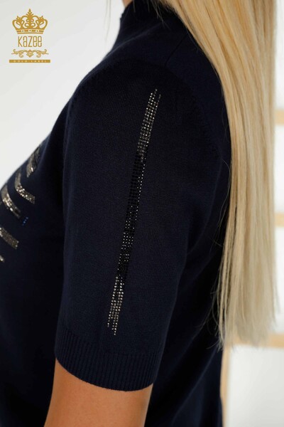 Wholesale Women's Knitwear Sweater Stone Embroidered Navy Blue - 30491 | KAZEE - Thumbnail