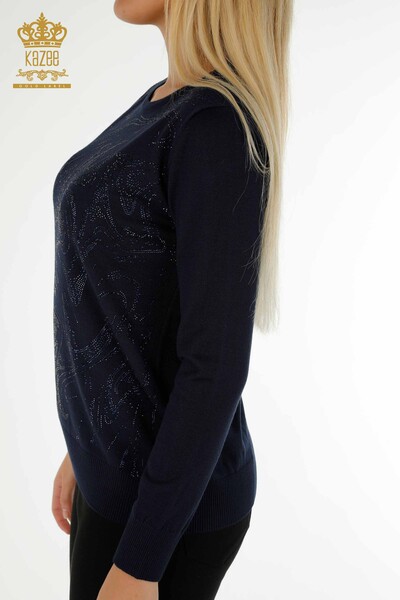 Wholesale Women's Knitwear Sweater Stone Embroidered Navy Blue - 30594 | KAZEE - Thumbnail