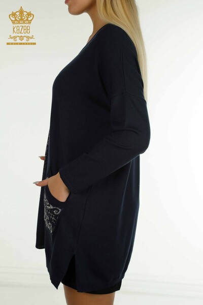Wholesale Women's Knitwear Sweater Stone Embroidered Navy Blue - 30601 | KAZEE - Thumbnail