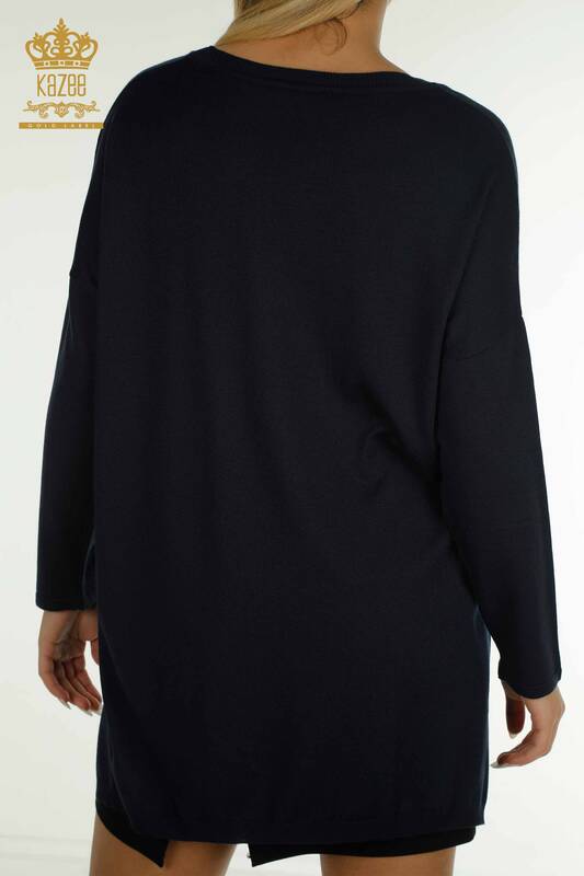 Wholesale Women's Knitwear Sweater Stone Embroidered Navy Blue - 30601 | KAZEE
