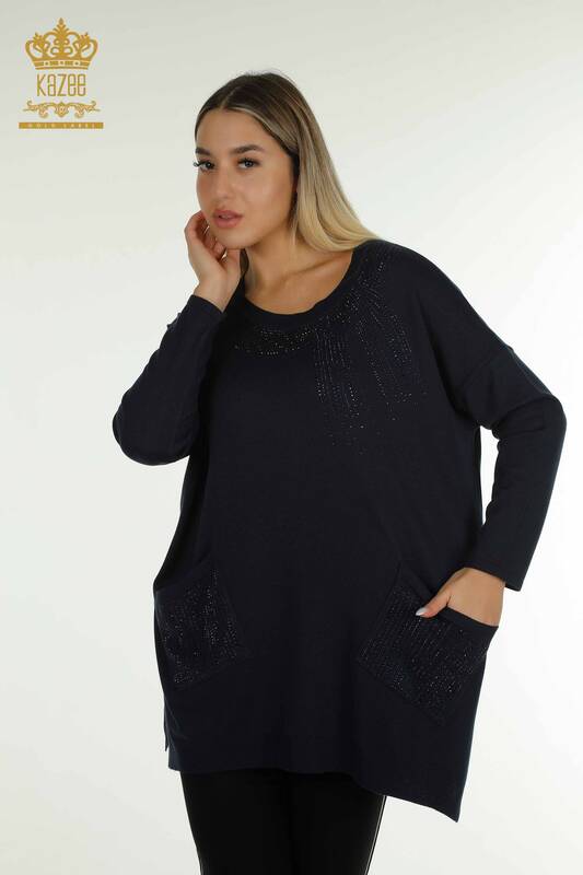 Wholesale Women's Knitwear Sweater Stone Embroidered Navy Blue - 30623 | KAZEE
