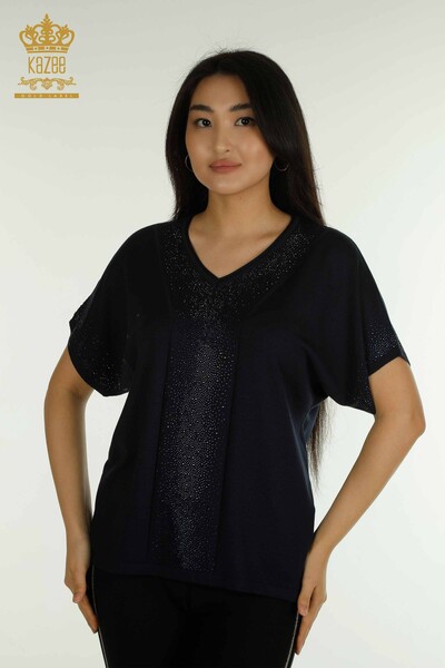Wholesale Women's Knitwear Sweater Stone Embroidered Navy Blue - 30761 | KAZEE - Thumbnail