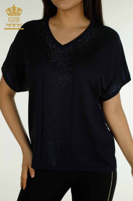 Wholesale Women's Knitwear Sweater Stone Embroidered Navy Blue - 30761 | KAZEE