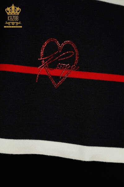 Wholesale Women's Knitwear Sweater Stone Embroidered Navy Blue - 30874 | KAZEE - Thumbnail