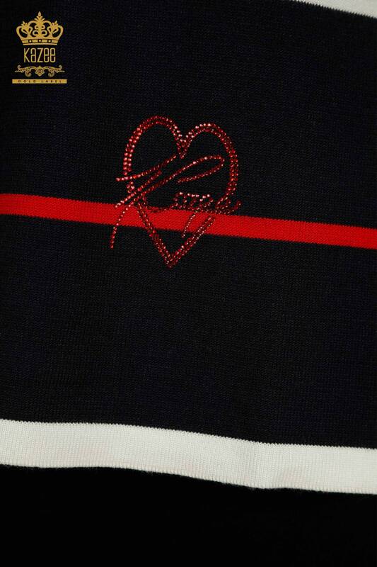 Wholesale Women's Knitwear Sweater Stone Embroidered Navy Blue - 30874 | KAZEE