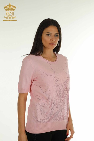 Wholesale Women's Knitwear Sweater Stone Embroidered Pink - 30659 | KAZEE - Thumbnail