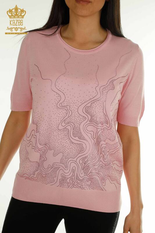 Wholesale Women's Knitwear Sweater Stone Embroidered Pink - 30659 | KAZEE