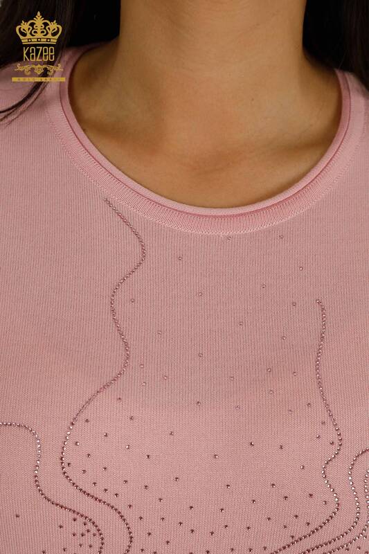 Wholesale Women's Knitwear Sweater Stone Embroidered Pink - 30659 | KAZEE