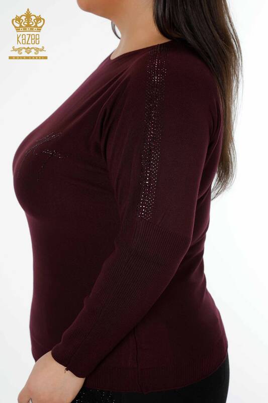 Wholesale Women's Knitwear Sweater Stone Embroidered Plum - 15550 | KAZEE