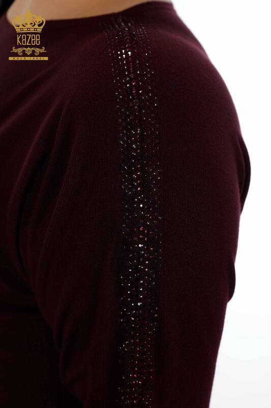 Wholesale Women's Knitwear Sweater Stone Embroidered Plum - 15550 | KAZEE