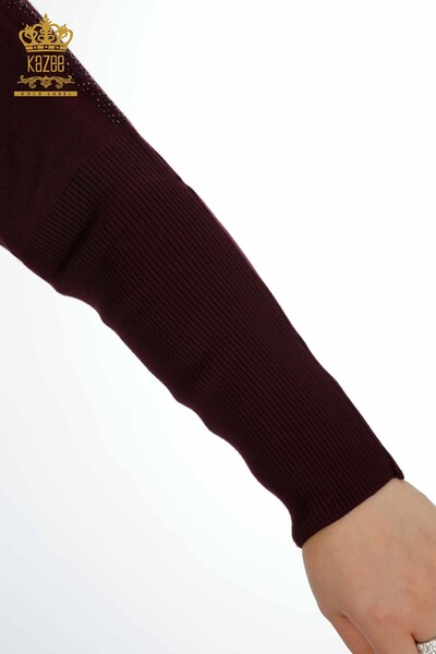 Wholesale Women's Knitwear Sweater Stone Embroidered Plum - 15550 | KAZEE - Thumbnail