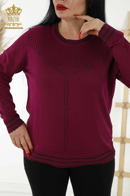 Wholesale Women's Knitwear Sweater - Stone Embroidered - Plum - 30080 | KAZEE