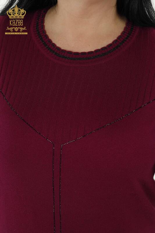 Wholesale Women's Knitwear Sweater - Stone Embroidered - Plum - 30080 | KAZEE